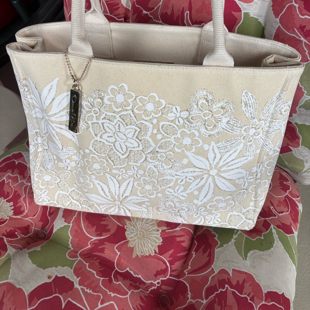 Oscar de la Renta Cream Floral Satchel